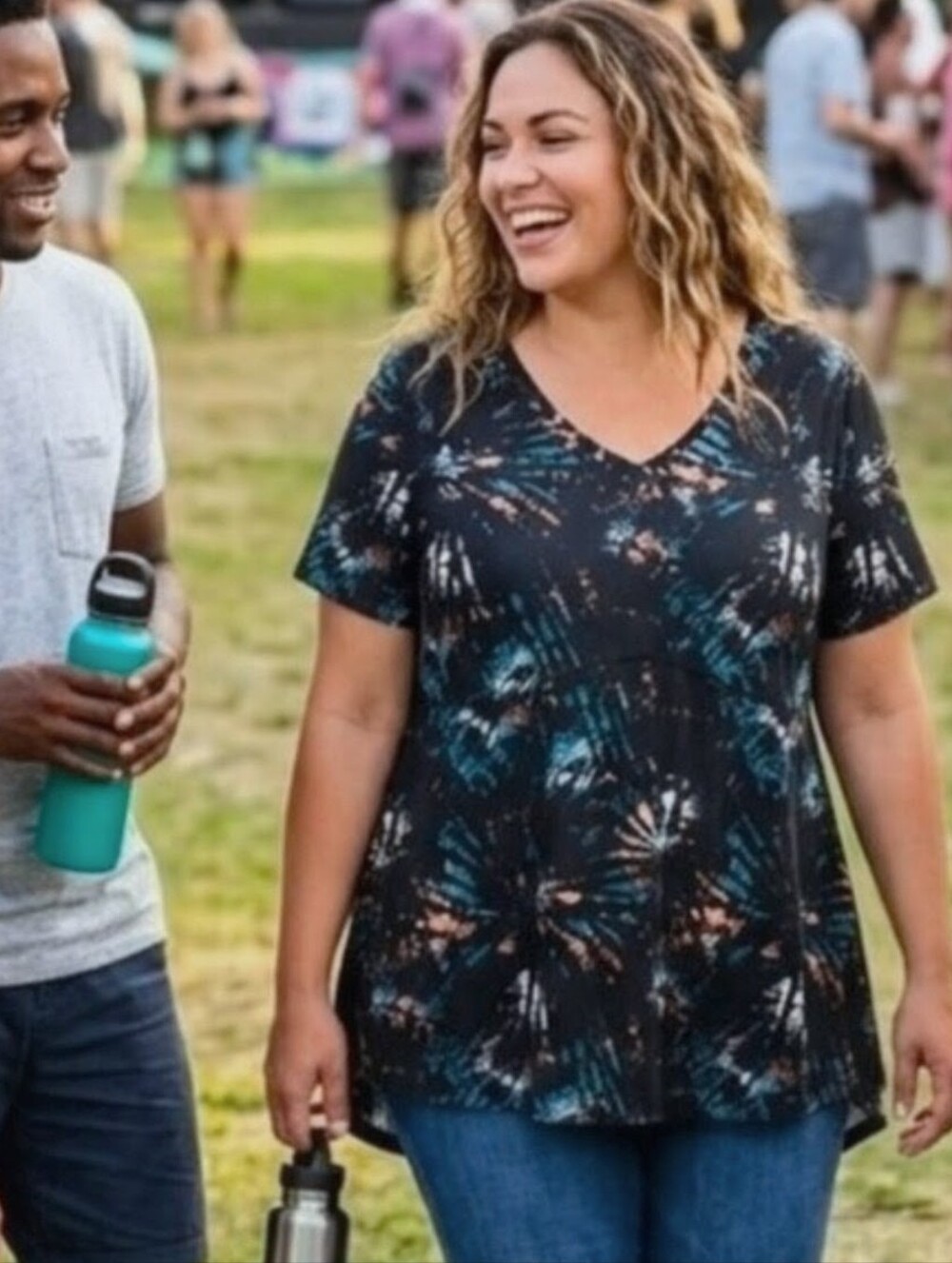 NWT Black LuLaRoe Jana XL TieDye Muted Red White Blue Teal Starbursts Swing Top